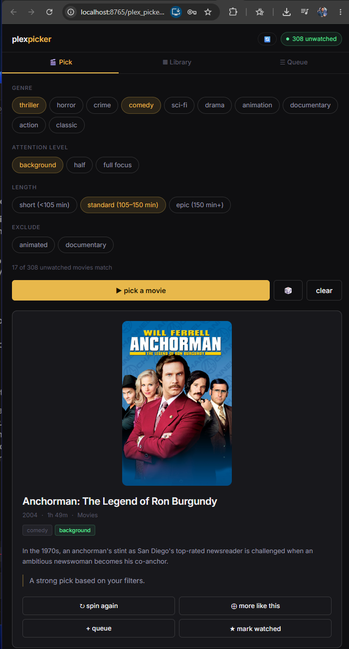PlexPicker app screenshot — picking a movie by genre, attention level, and length